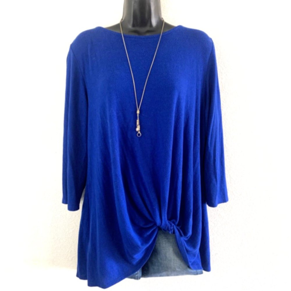 Gibson Top Size Medium Royal Blue twist front 3/4 Sleeve Crew Neck Pullover
